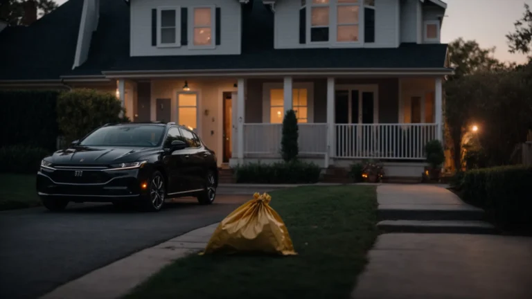 a car parked at the curb in front of a house at dusk, with a driver reaching out to hand over a sealed bag to a welcoming resident.