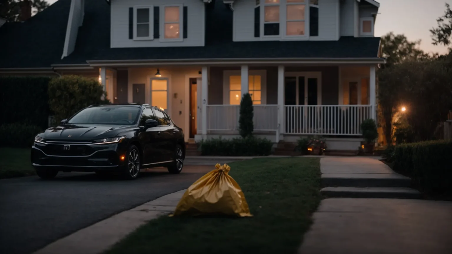 a car parked at the curb in front of a house at dusk, with a driver reaching out to hand over a sealed bag to a welcoming resident.