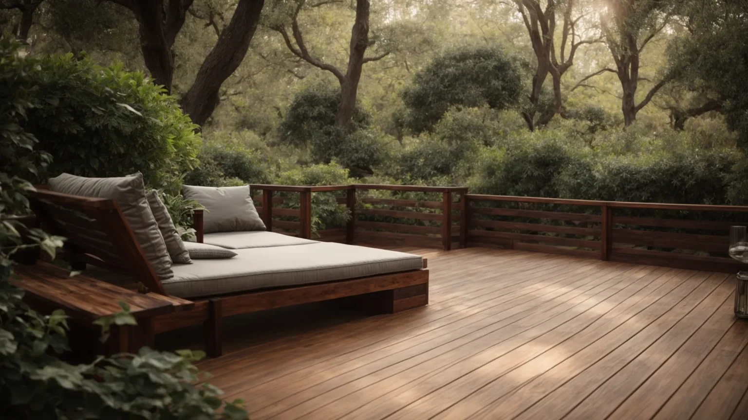 a spacious wooden deck extending from a house, furnished with comfortable outdoor seating overlooking a lush garden.