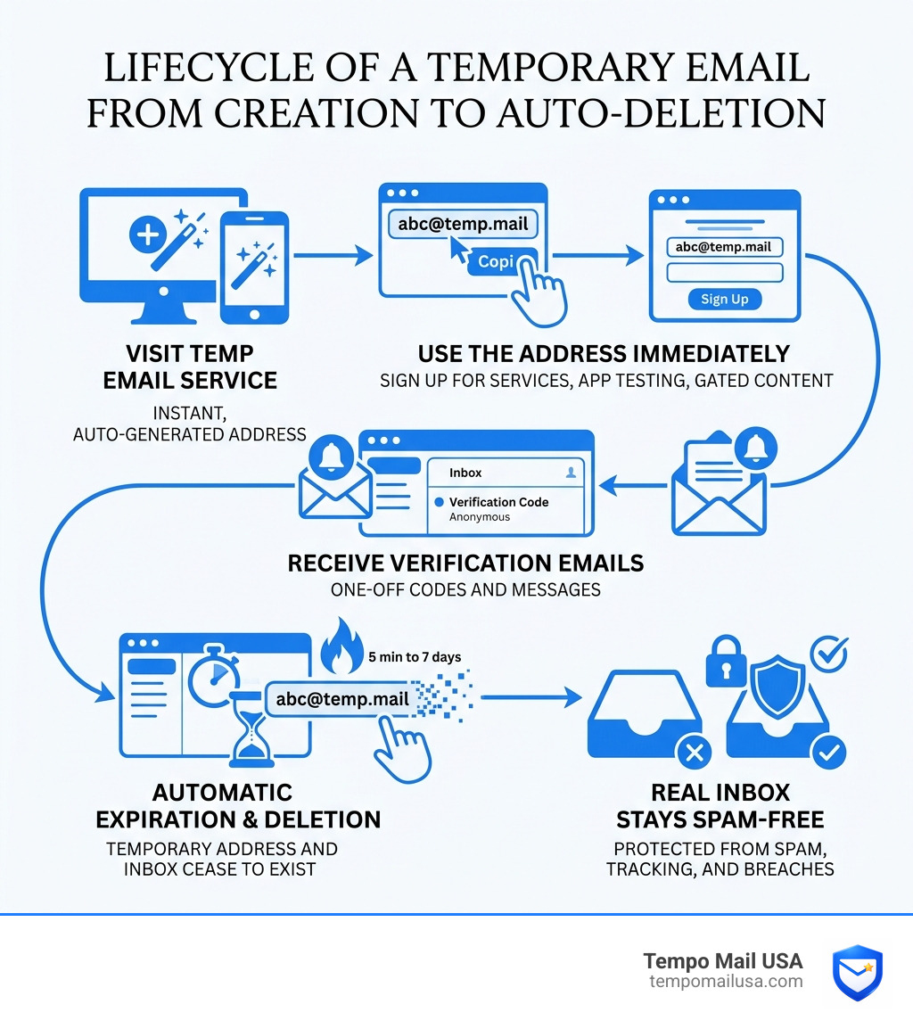Lifecycle of a temporary email from creation to auto-deletion with key stages labeled - one time temp email infographic 