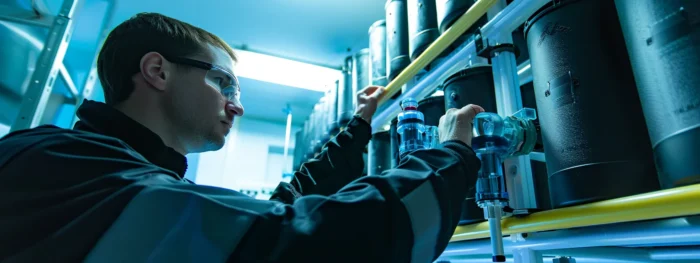 a professional technician adjusting a reverse osmosis system for water treatment services.