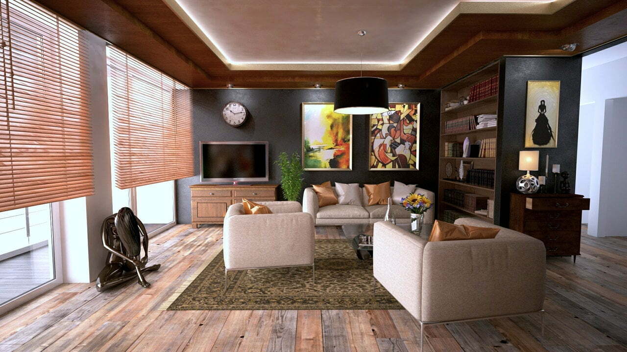 a living room with a large window
