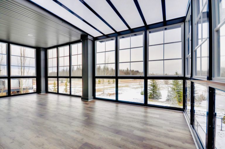 a room with glass walls