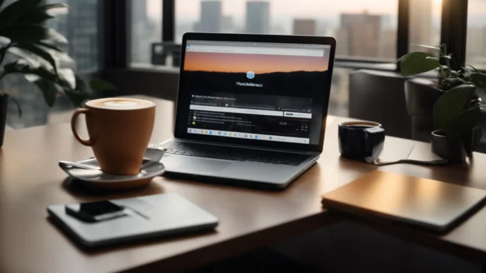 a laptop open on a desk next to a cup of coffee in a bright office, symbolizing online work and digital marketing success.