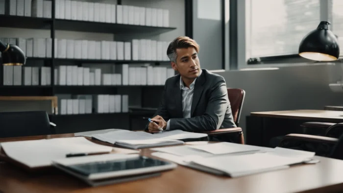 a disabled individual sitting across from a lawyer in a bright, modern office, discussing paperwork.