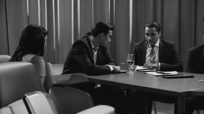 a client and a lawyer sit across from each other at a table, discussing documents.