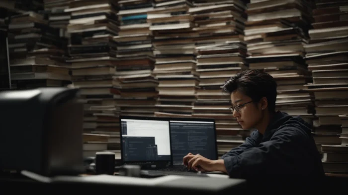 a person sits in front of a computer, intensely focused, as they tweak and refine the output on their screen, surrounded by books and notes on language and ai.