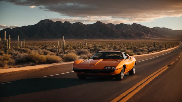 a sleek exotic car zooms along a vast, open desert highway with towering cacti and rugged mountains under a blazing sunset.