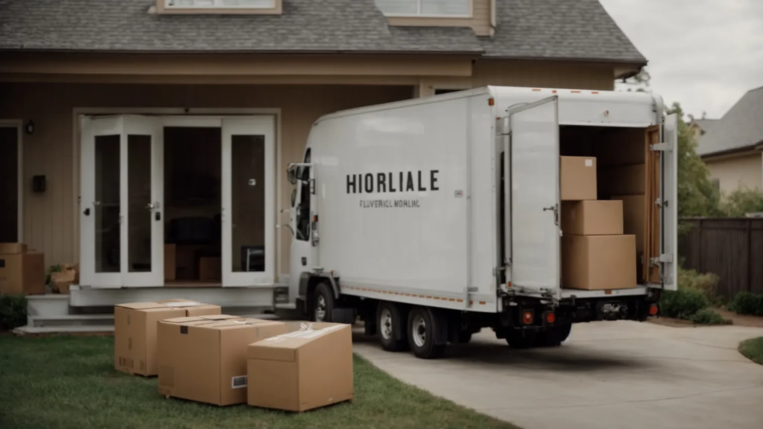 a moving truck parked in front of a house with open doors, where boxes are being rolled out on a dolly.