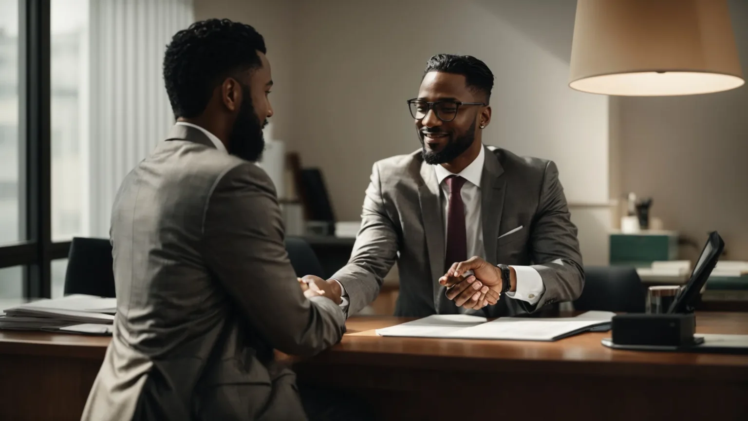 a lawyer shakes hands with a client across a desk in a bright office, symbolizing the successful clearing of a criminal record.