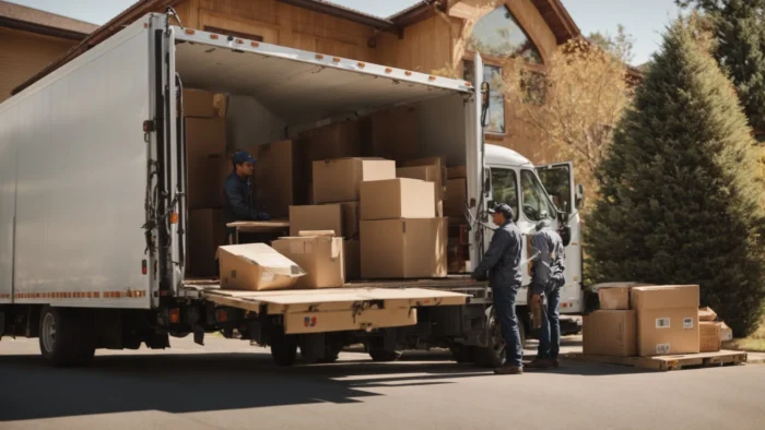 a moving truck parked in front of a house on a sunny day while movers carefully load furniture into it.
