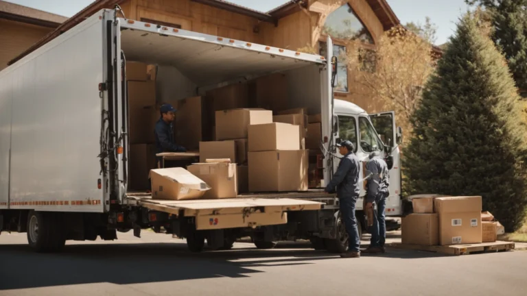 a moving truck parked in front of a house on a sunny day while movers carefully load furniture into it.