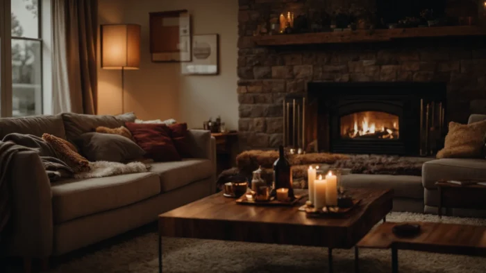 a cozy living room with a roaring fireplace and a family snuggled under blankets on a couch.