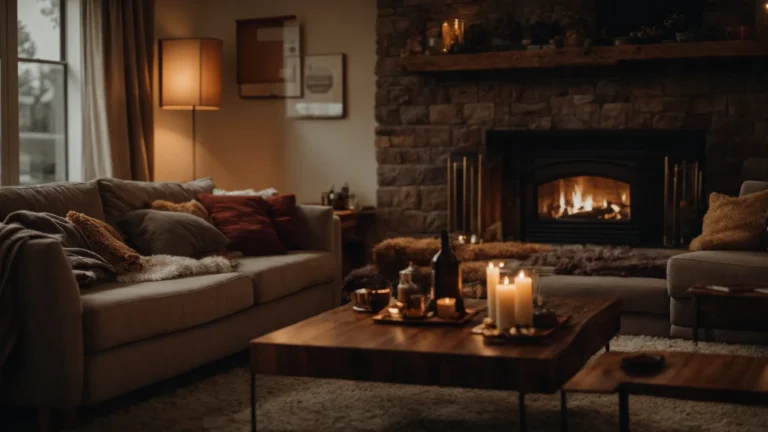 a cozy living room with a roaring fireplace and a family snuggled under blankets on a couch.