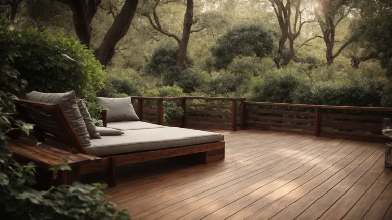 a spacious wooden deck extending from a house, furnished with comfortable outdoor seating overlooking a lush garden.