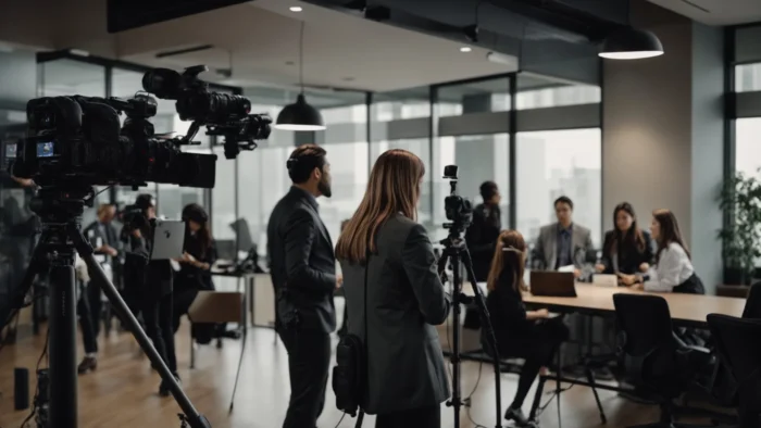 a videographer capturing a business team in a modern office, showcasing high-quality video production equipment.