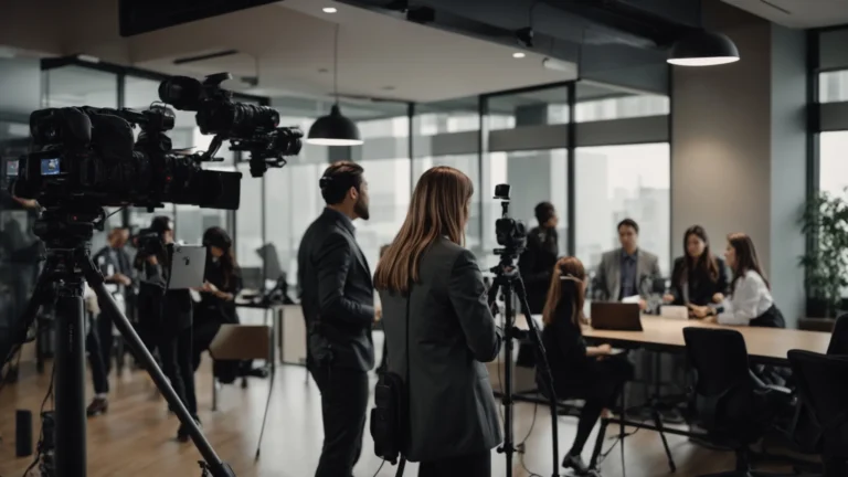 a videographer capturing a business team in a modern office, showcasing high-quality video production equipment.