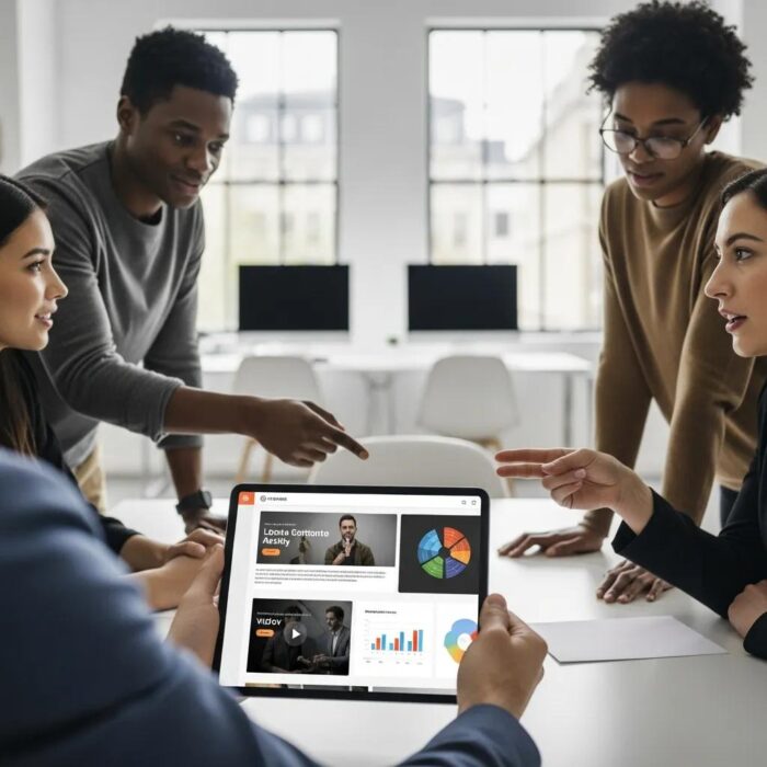 Diverse team collaborating on a digital publishing platform in a modern office