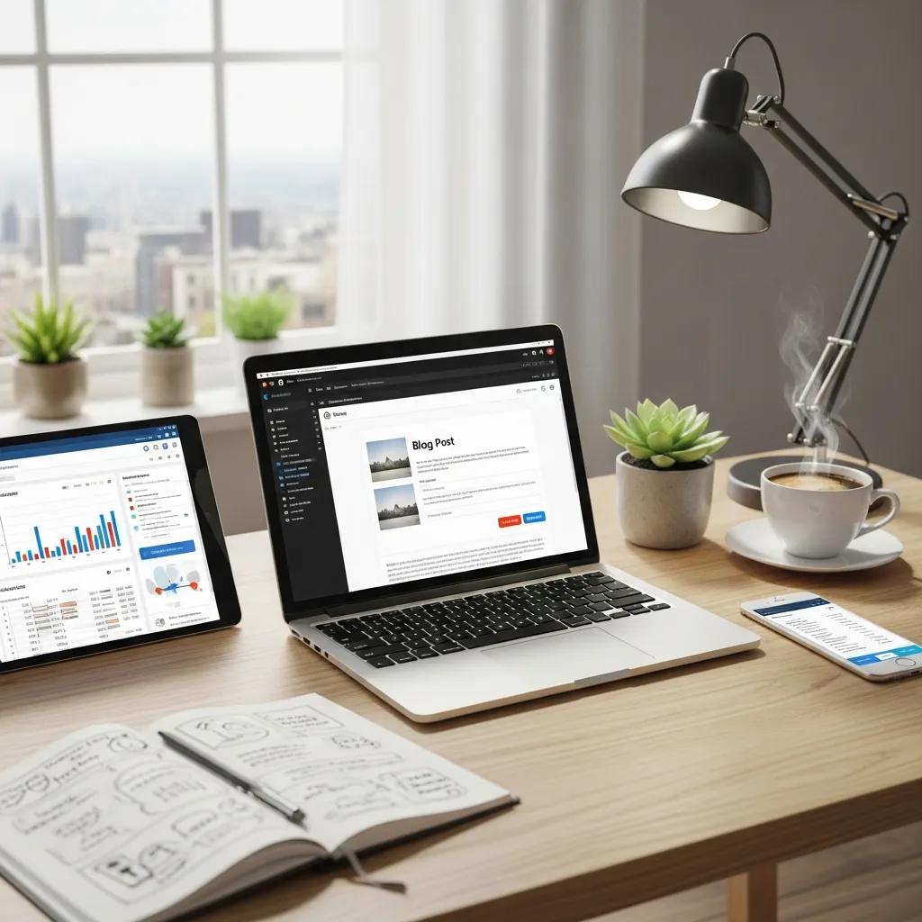 Modern workspace with laptop and digital devices illustrating website content publishing solutions