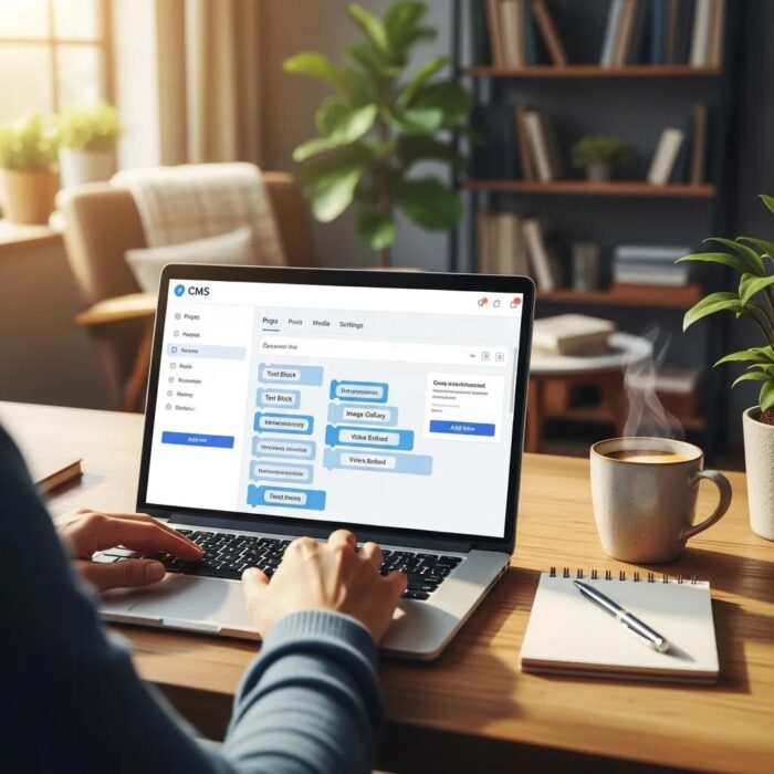 User-friendly content management system interface on a laptop in a cozy office setting