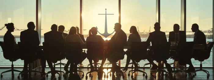 a group of business professionals gathered around a table, discussing wealth management strategies and tax planning with a large anchor as a focal point.