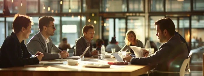 a group of professionals gathered around a table, deep in discussion with papers and laptops in front of them.