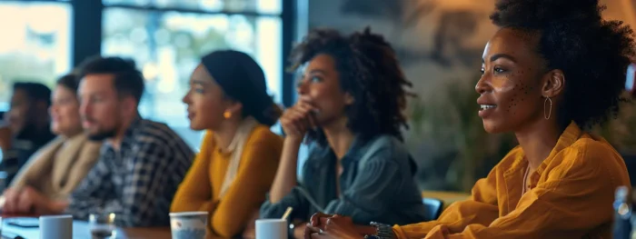 a group of diverse customers engaged in a hands-on workshop hosted by the brand, learning about the brand's history and values while working together to anchor their trust and loyalty.