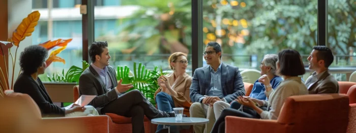 a group of professionals engaged in a lively discussion about the benefits of brand advocacy and community engagement.