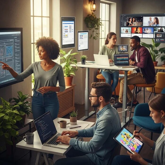 Diverse professionals collaborating on digital content creation in a modern office