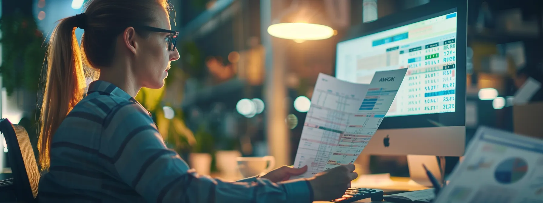 a focused professional reviews tax documents on a computer, surrounded by financial software and guides in an office setting.